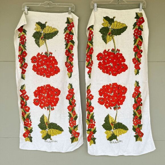 Vintage Geranium Terry Cloth Towels – Set of 2 Orange Floral 36"x20" - Picture 6 of 8
